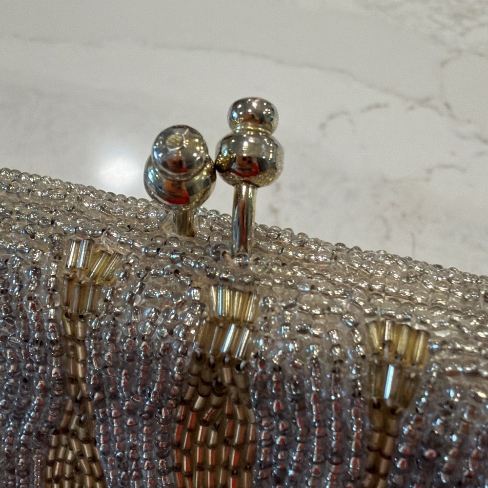 Vintage Delill Beaded Evening Bag Seed Bead Purse Silver &Gold Detachable Chain - Picture 15 of 16